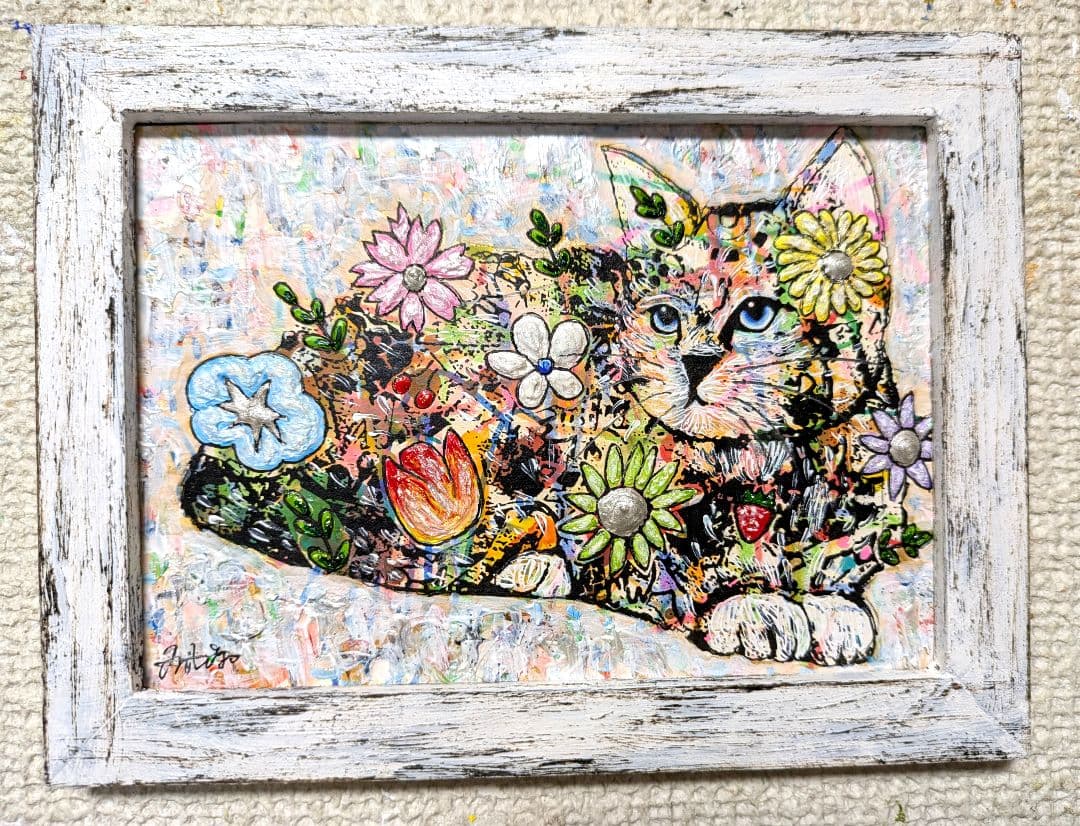 額付きシルクスクリーン応用絵画　title「陽はまた昇ニャンコ」