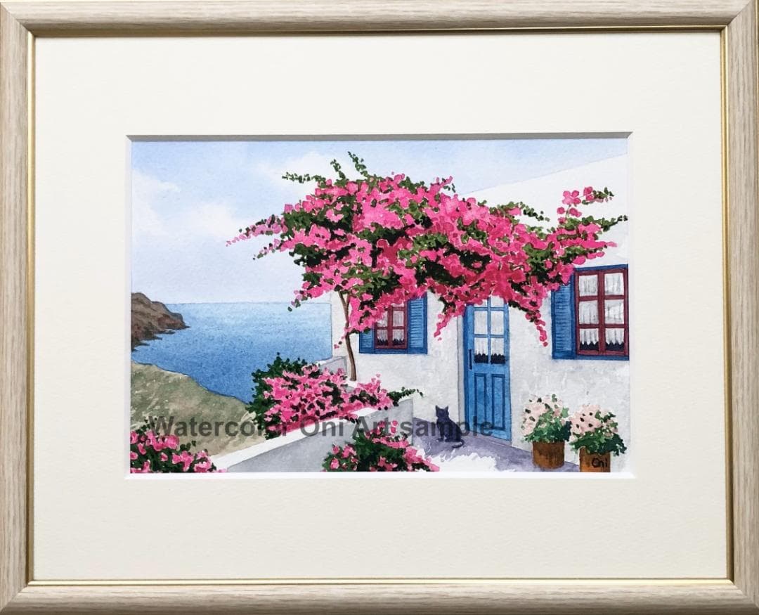 透明水彩画　原画　「エーゲ海とブーゲンビリア05」額縁付　SMサイズ
