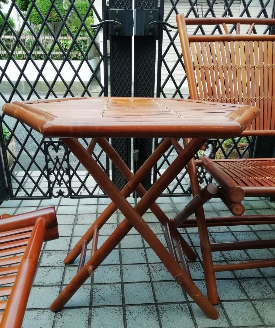 【サリー】バンブーとラタンの折りたたみテーブル＆イス