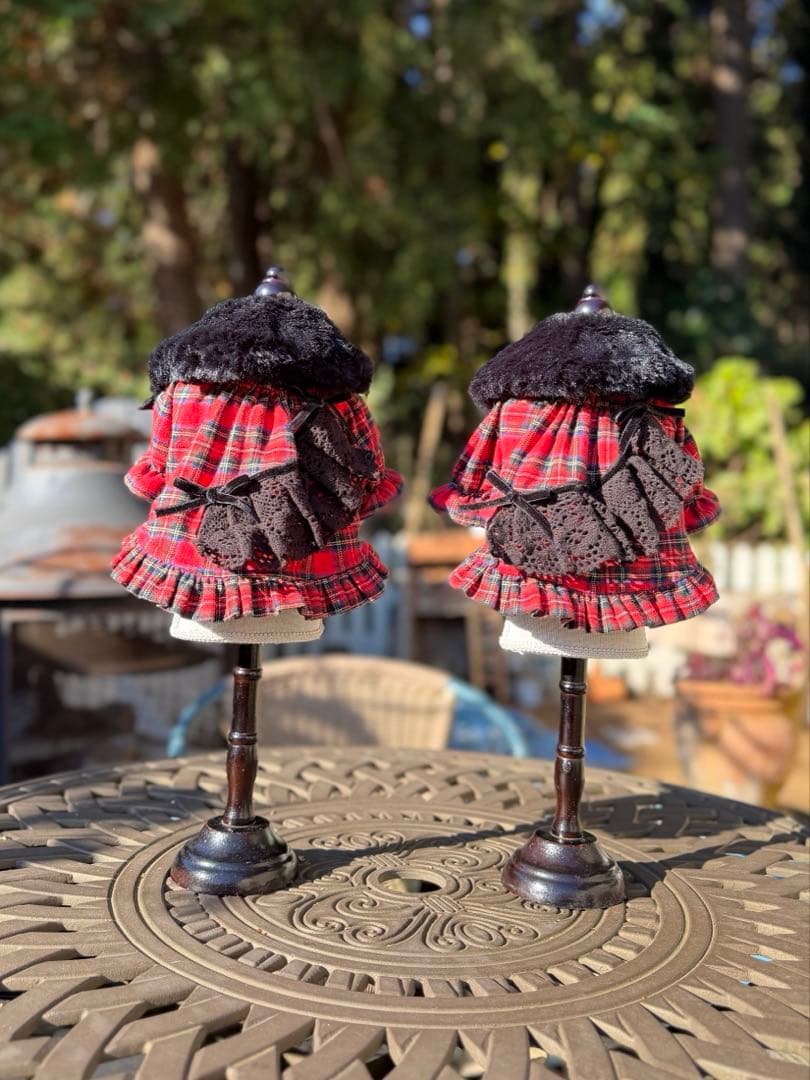 ワンピース　チェック　フリル　ファーリボン　かわいい　撮影会　犬服