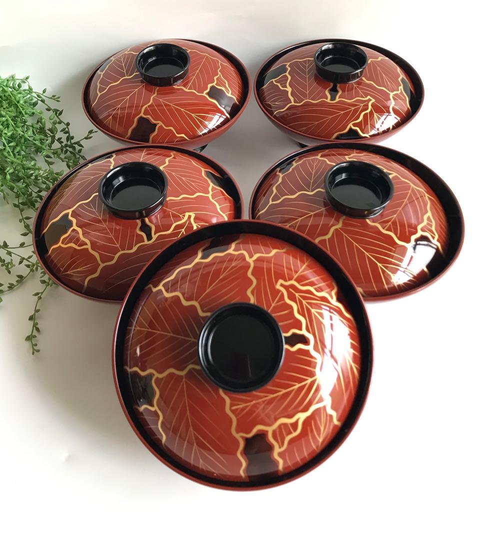 輪島塗　木製 柏葉尽蒔絵　縁起　大椀　5客