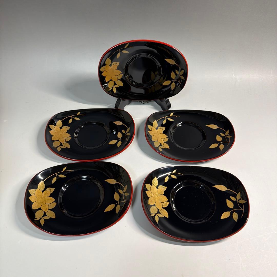 輪島塗 真塗 爪紅 桔梗蒔絵 茶托 桜井一良 造 作家物 落款あり