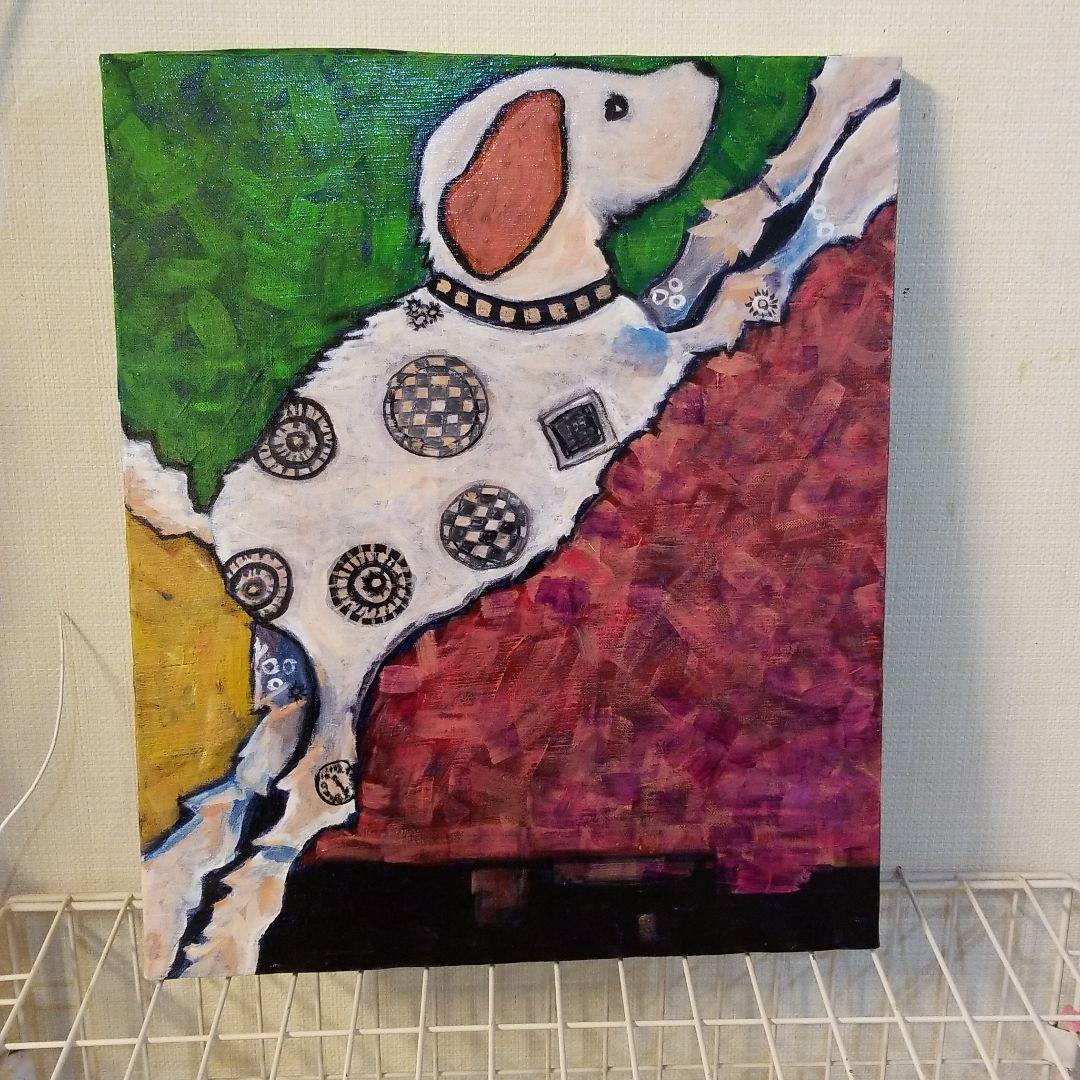 油絵　専用　ジャンプをする犬