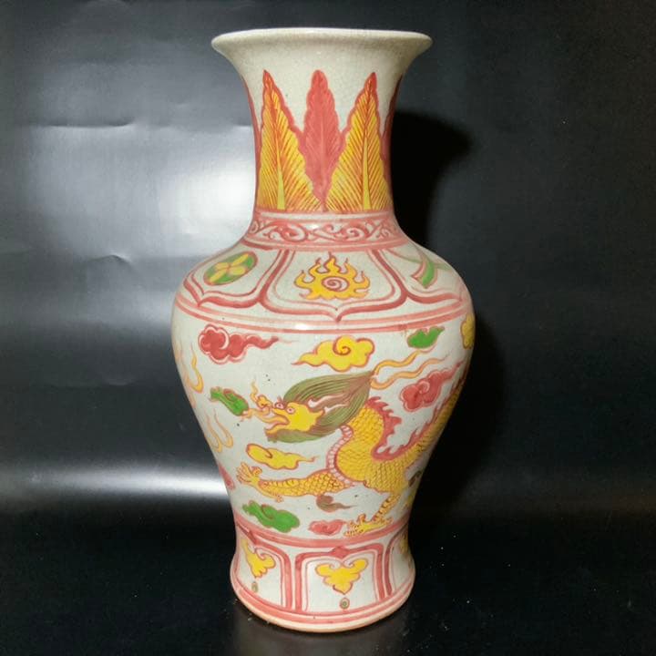 古玩赤絵花瓶・時代中国花器・粉彩色絵瓶・黄龍五爪・始皇帝・煎茶道具