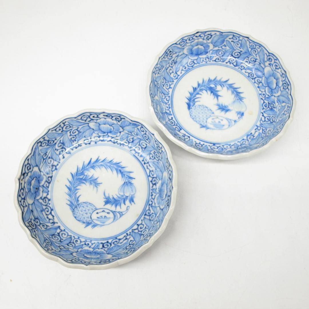 古伊万里　線画　パイナップル　なます皿　2枚