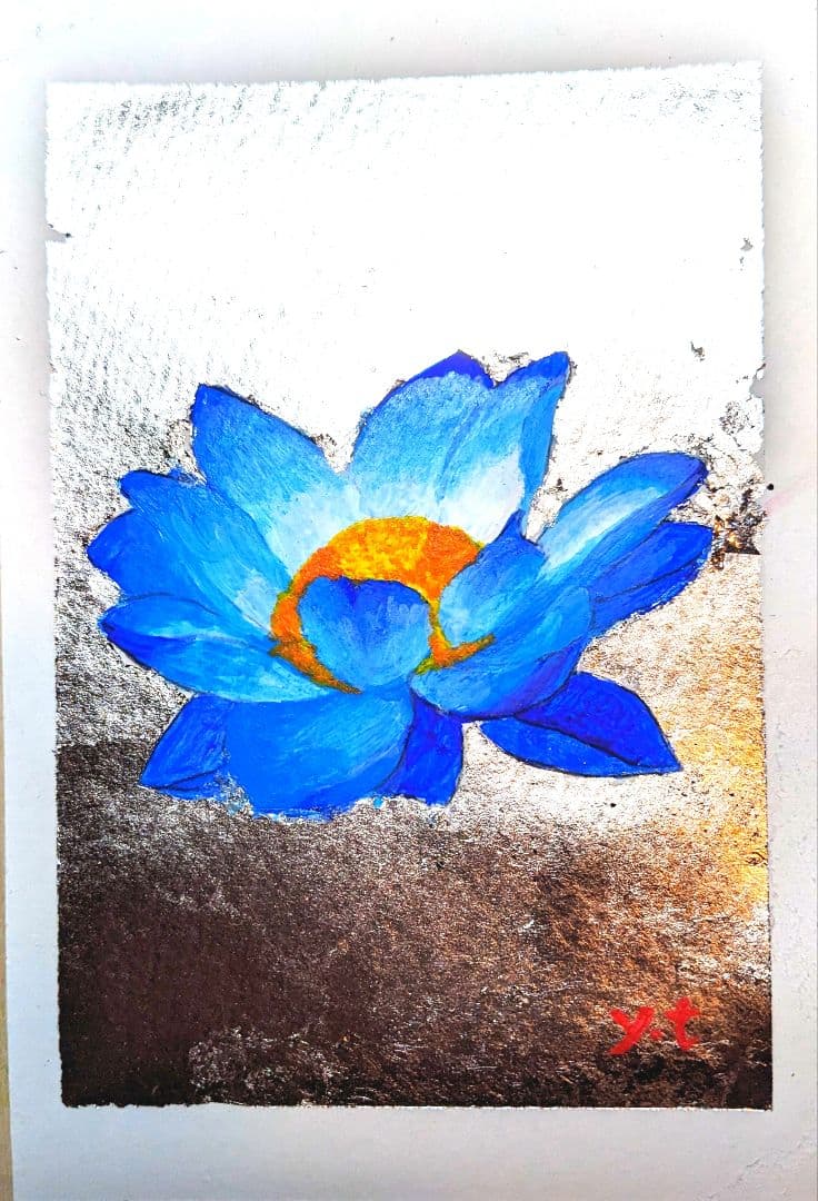 超美品！最高級プラチナ箔の青蓮華の花 絵画 アクリル画 仏教