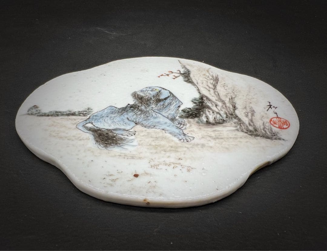 中国美術 古玩 清末 民国早期 淺降彩瑞獸紋瓷板 古道具