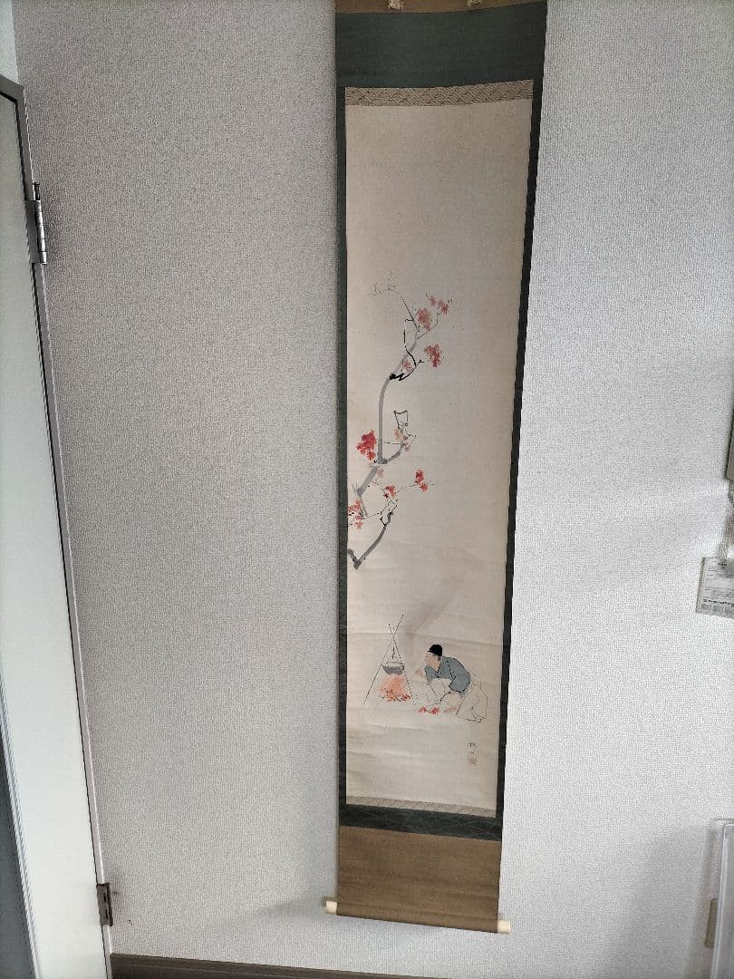 掛け軸　絹本　松本楓湖作「楓ト人物」明治大正期　真筆　日本画家　尊皇家　骨董