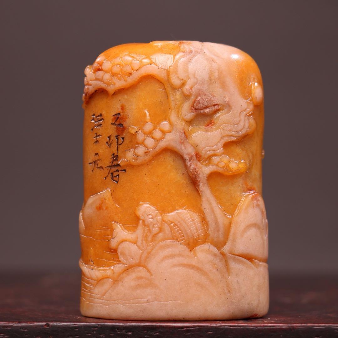 【逸品】　文房具旧蔵　印鑑田黄石 アンティーク 「依松観景」手彫り