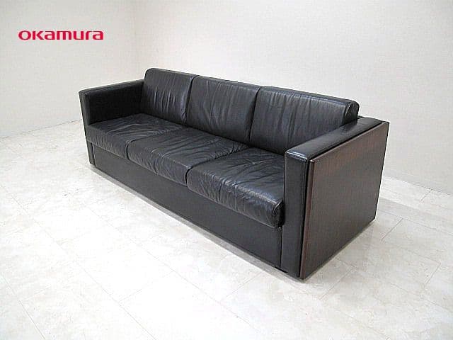オカムラ 3人掛け応接ソファ 本革張地/ローズウッドフレーム 　応接ソファ