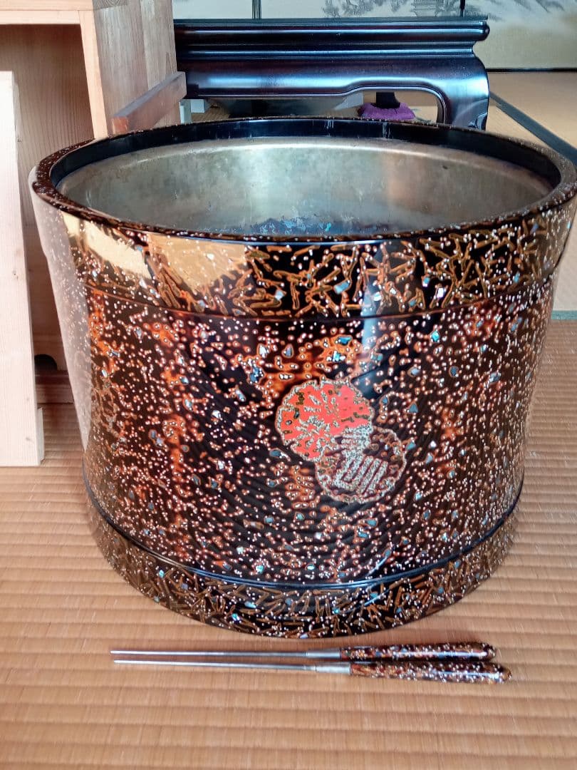 火鉢　大型　漆塗火鉢　若狭塗　古代若狭塗　火箸付　大火鉢アンティーク　希少