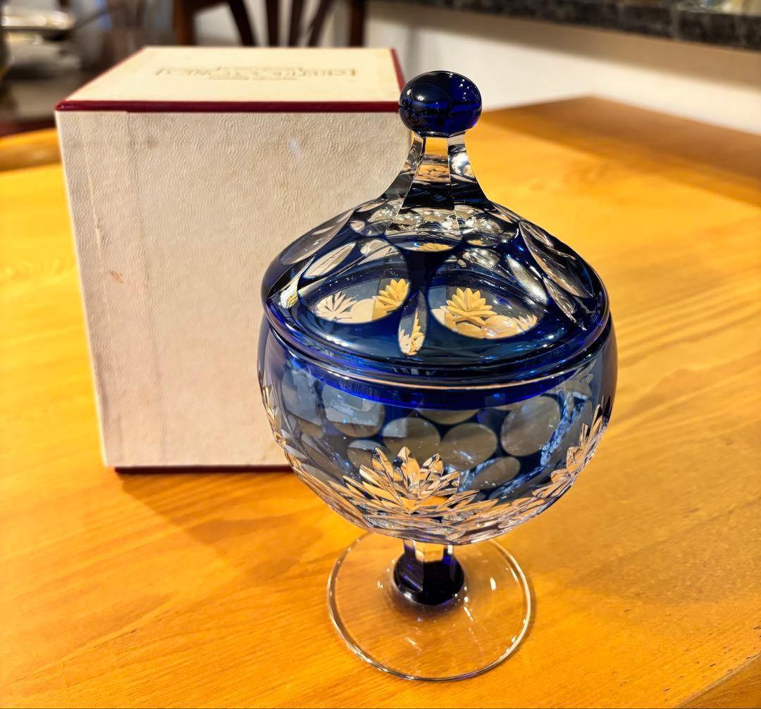 【未使用】カガミクリスタル 藍色江戸切子 蓋付きシュガーボウル キャンディポット