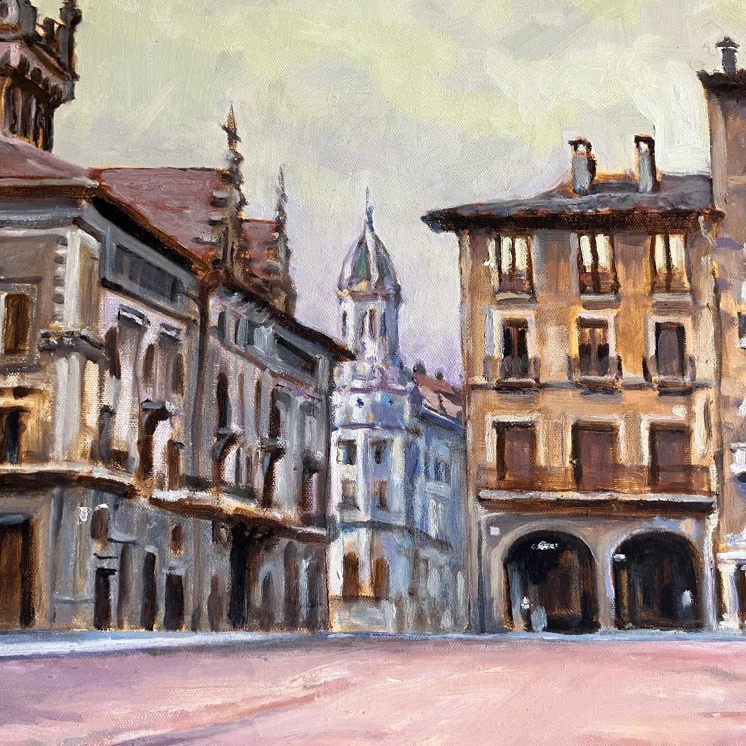 ヨーロッパの街角-F10 油彩 キャンバス 額装　作者不明・希少