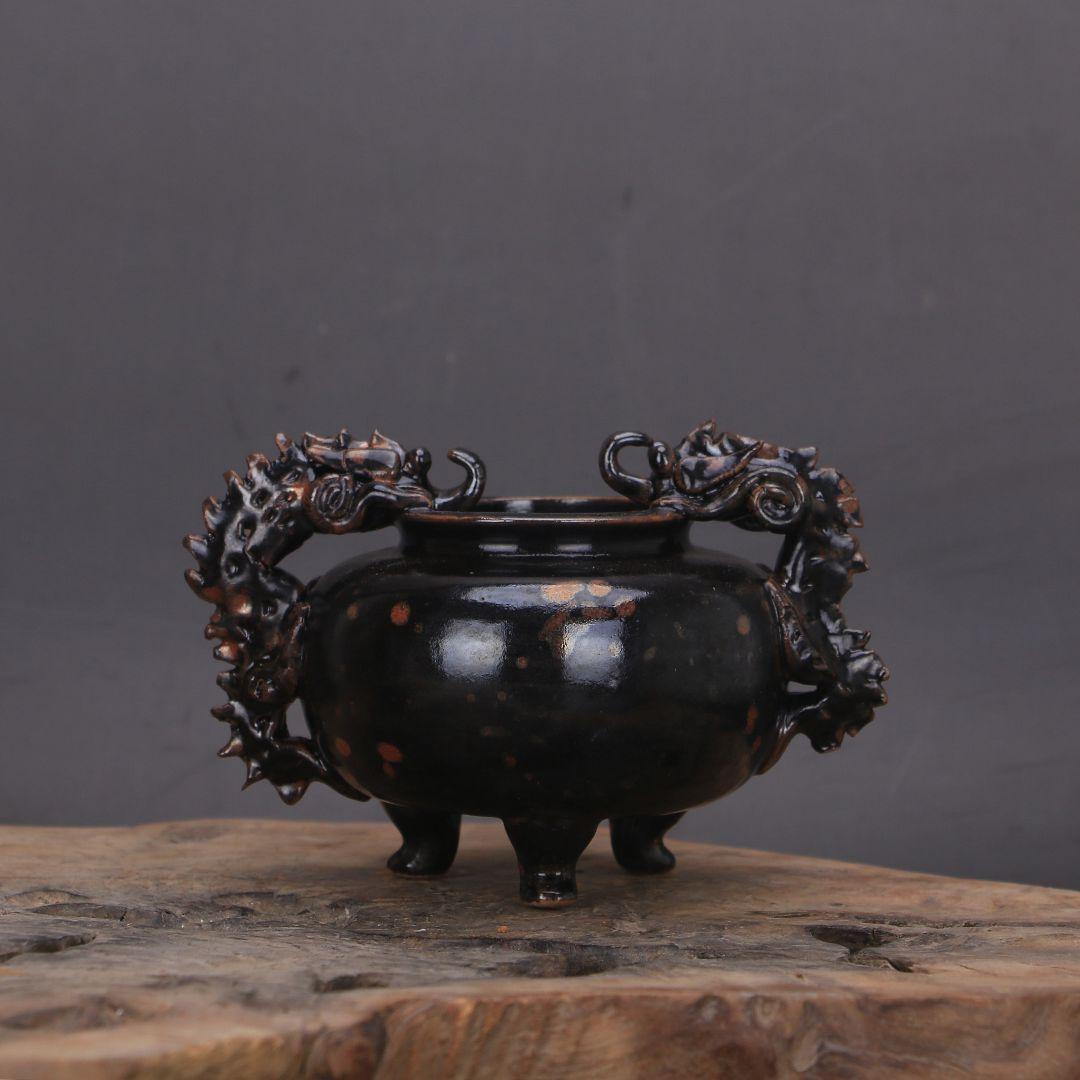 宋  黒釉点彩双耳竜紋三足香炉   陶磁器 装飾品 現代工芸品美術品 置物
