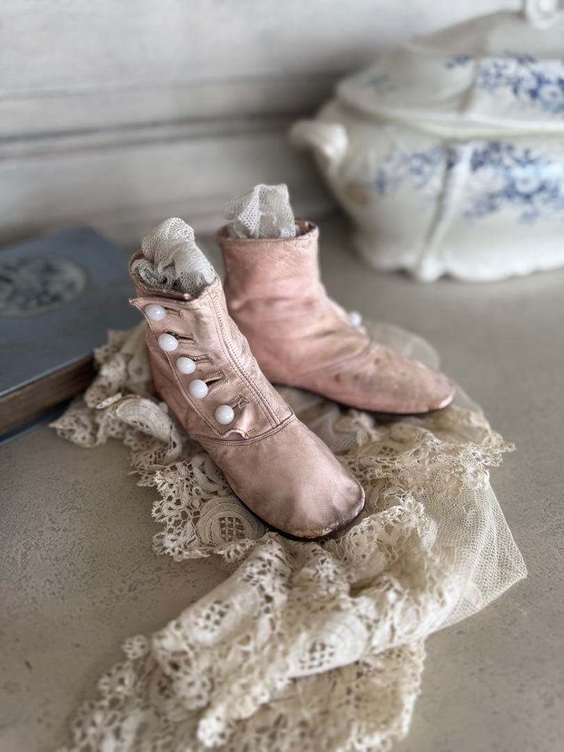 激レアフランスアンティークピンク子供用ベビー用カーフボタンブーツ