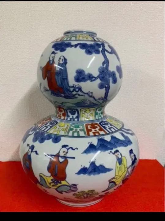 中国明五彩大明隆慶銘花卉人物文瓢箪瓶　骨董古美術アンティーク江戸青磁コレクション