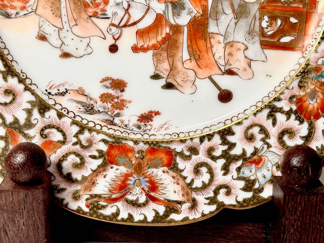 稀少 明治九谷の第一人者 松本佐平 松雲堂 赤絵金彩唐子図中皿 九谷焼