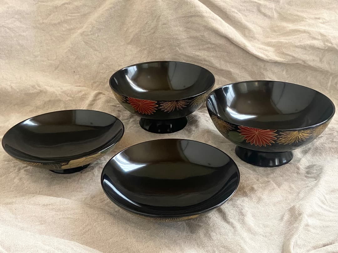 輪島塗 菊詰沈金花蒔絵 蓋付椀 2客 / 懐石椀・吸物椀・雑煮椀