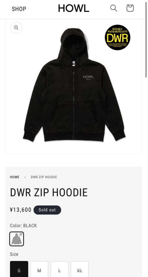 25-26 HOWL DWR ZIP HOODIE フーディー Mサイズ(US)