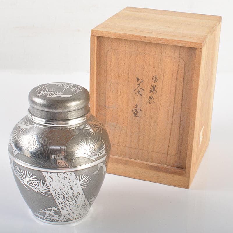 煎茶道具　錫半製　上錫　松文　茶壷　茶心壷　約446g　共箱　M　R6334