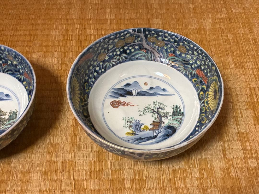 古伊万里 金彩 色絵 風景図 牡丹紋 深鉢 盛鉢 二点