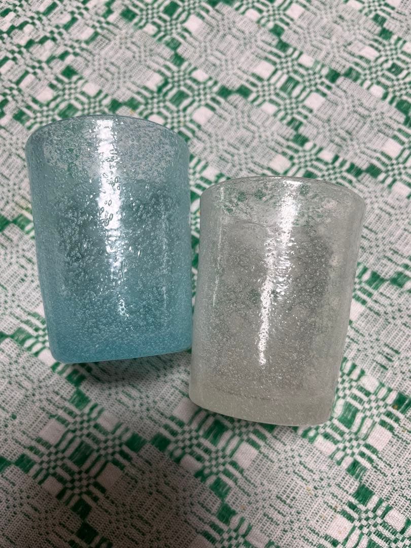 横山秀樹　グラス2個セット　水色　白　吹きガラス　泡