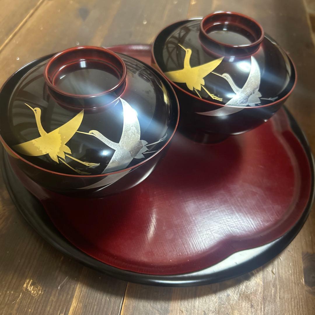 越前塗　千羽鶴雑煮椀 溜　蒔絵　本漆手塗り　ペア　箔鶴蒔絵　煮物椀　縁起物　お祝