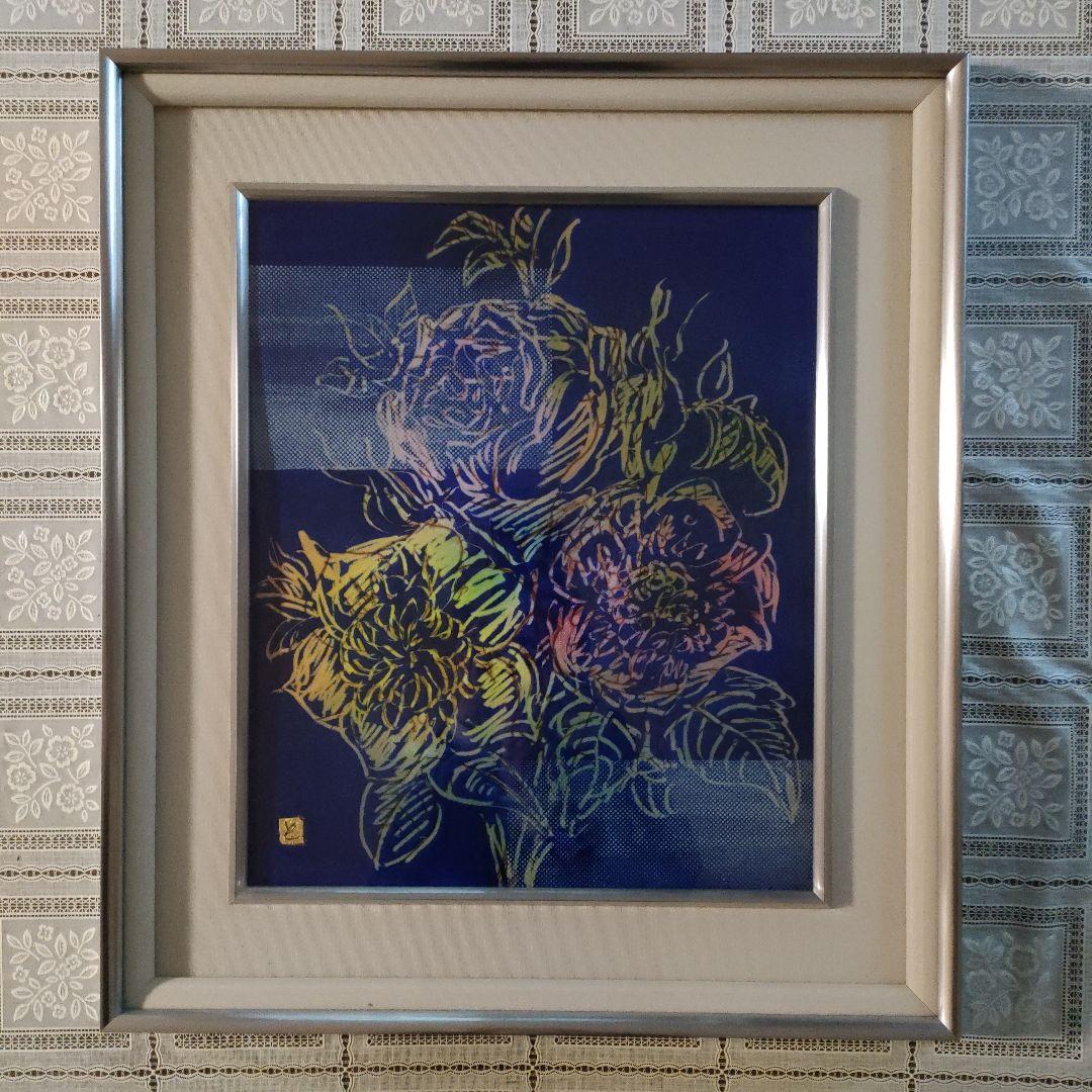 佐野登志子(日展七宝作家)　大判七宝焼『ルドゥーテの花による』額装、共シール付