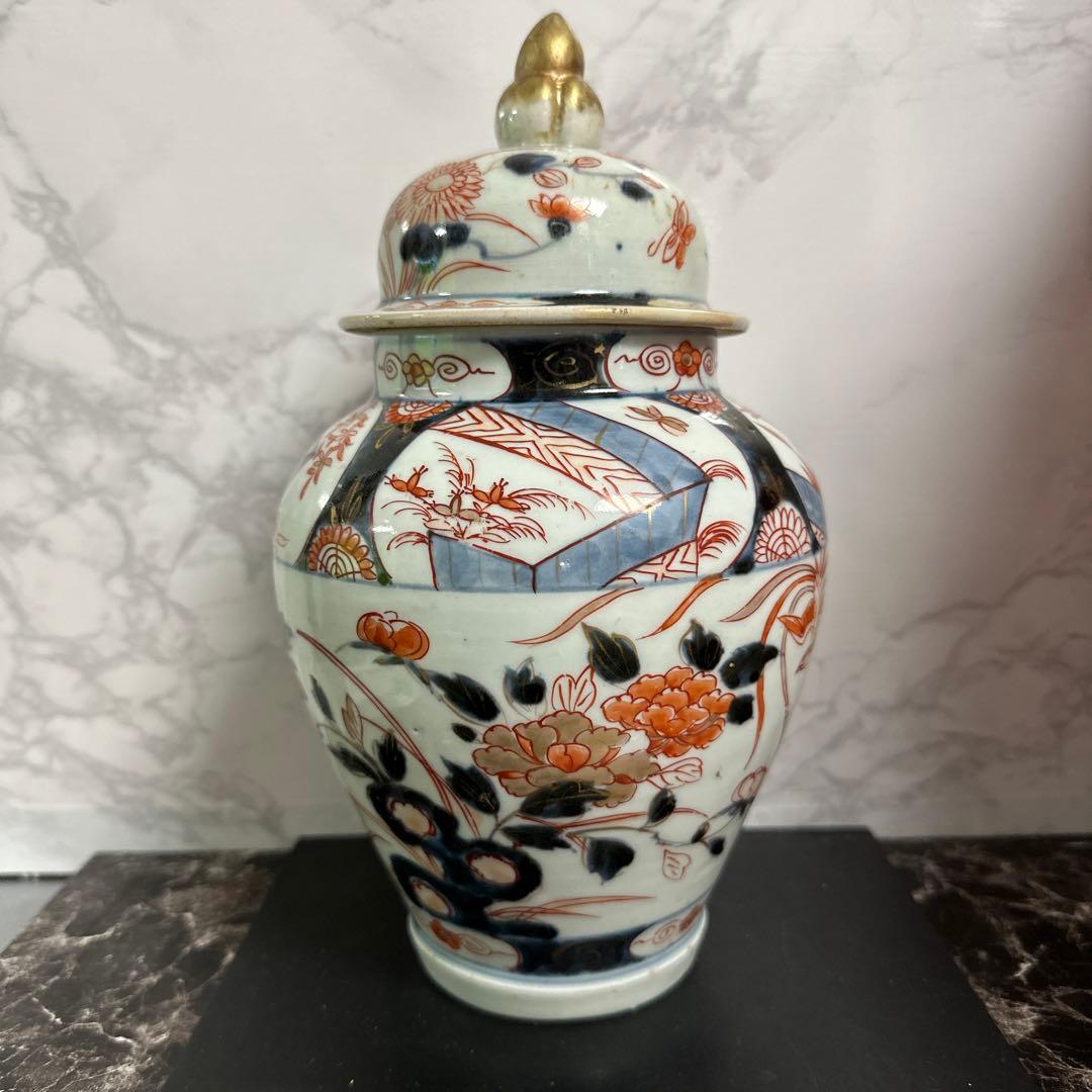 江戸元禄、古伊万里、金彩、色絵沈香壺、箱付き。