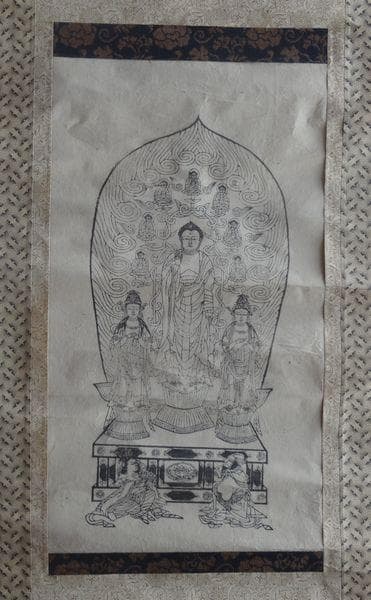 アンティーク 善光寺 一光三尊阿弥陀如来像 阿弥陀如来 観音菩薩 紙本 掛軸