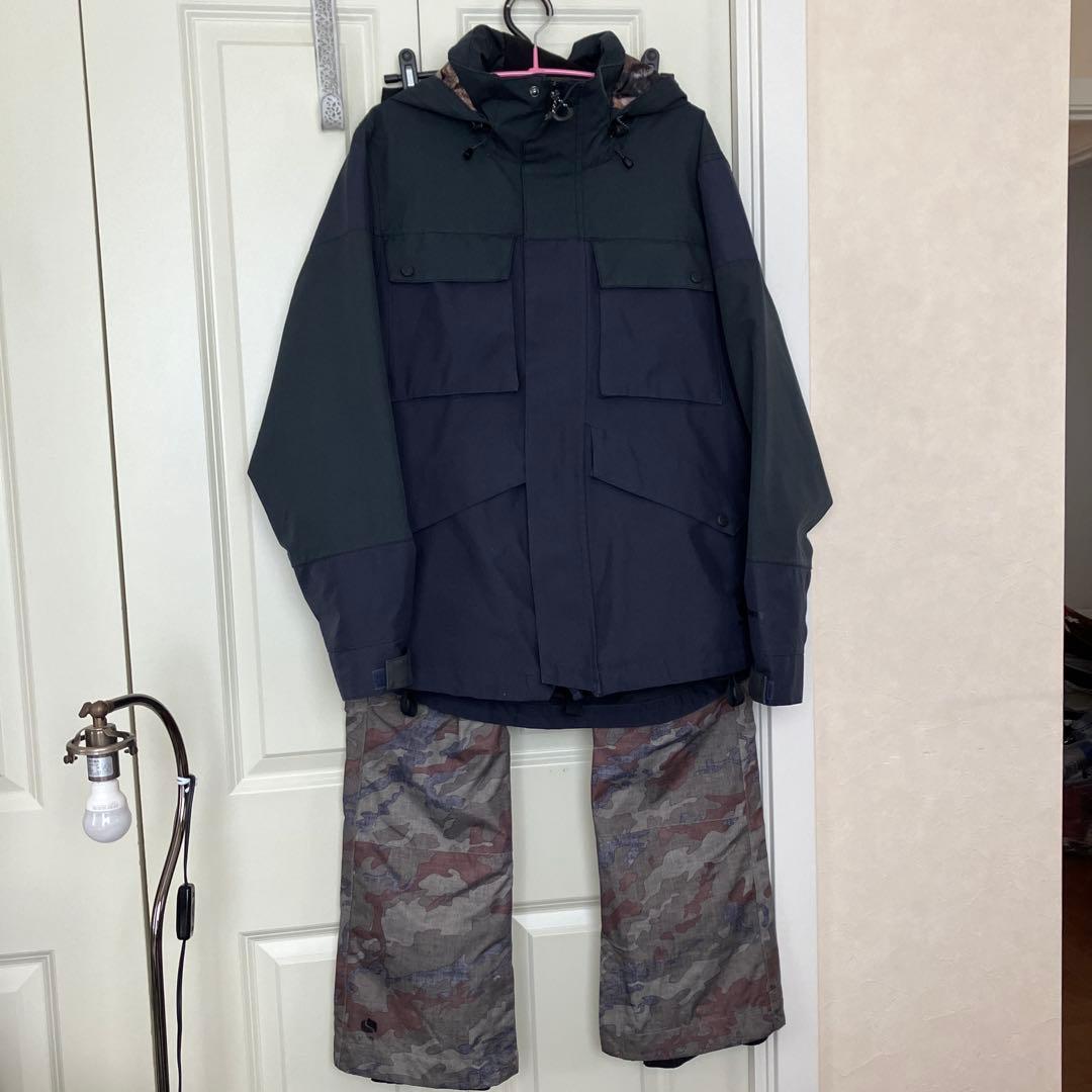 スノボウエア上下、黒×ダークブルー カモフラージュスノボパンツスノボウエア
