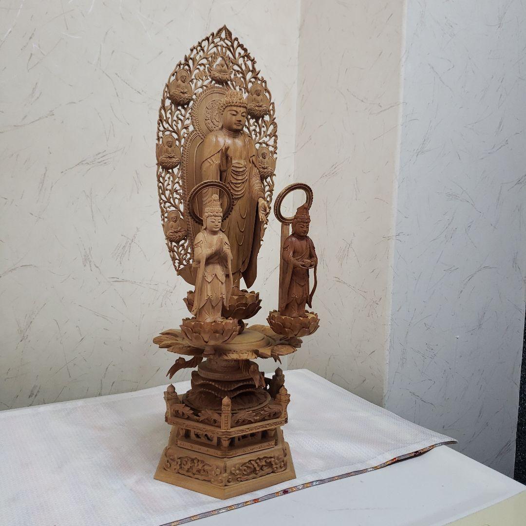 Ｂフライデー後背羅漢彫★総白檀 阿弥陀如来三尊像6寸立 眼入観音菩薩・勢至菩薩付