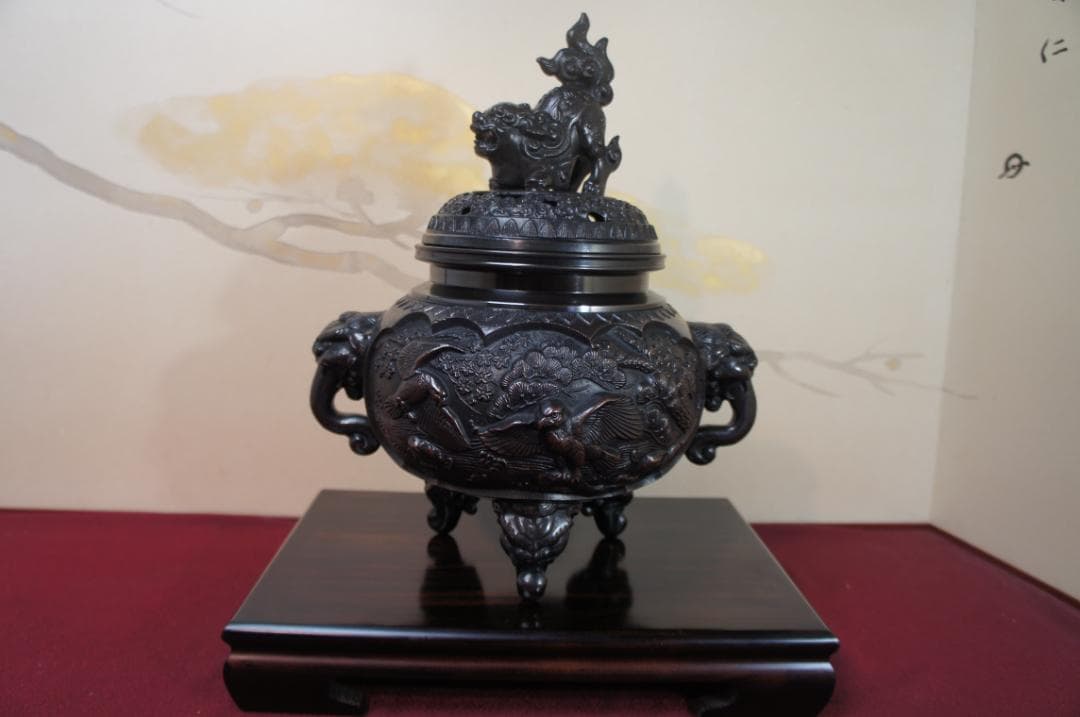 ★美品 未使用 高岡銅器 瑞峰作 新特大 花鳥 高級銅製香炉工芸作家造 送料込み