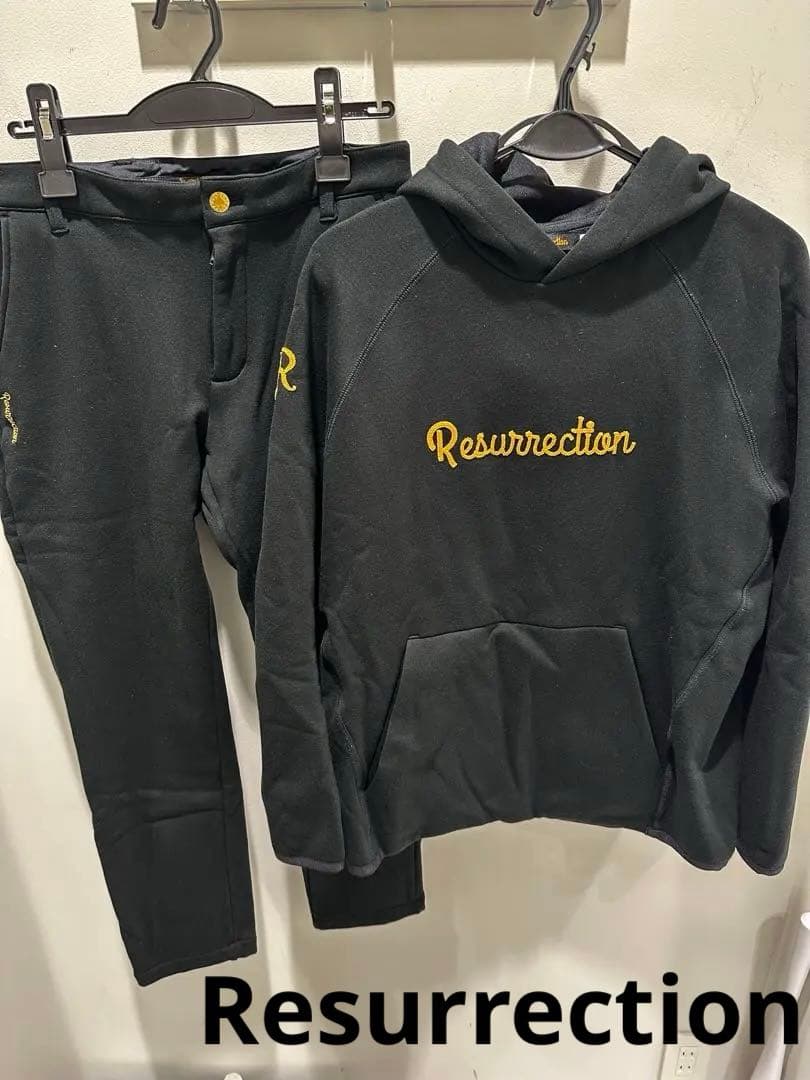 Resurrection ブラック フード付き　裏起毛暖かセットアップ　メンズL