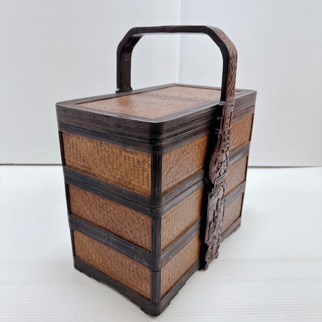 【煎茶道具】提籃籠 人物彫 提手 竹編 古美術 骨董
