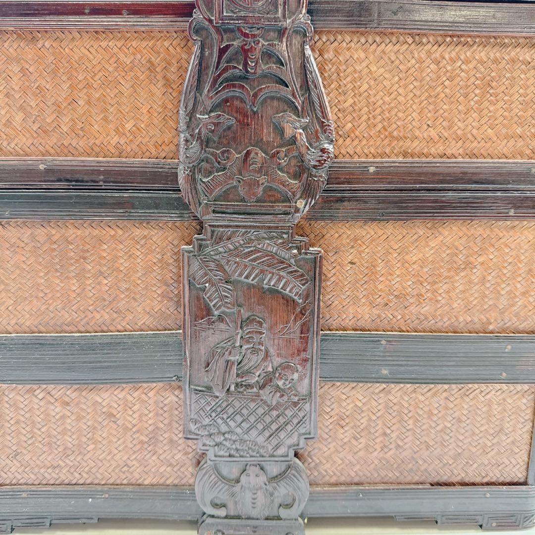 【煎茶道具】提籃籠 人物彫 提手 竹編 古美術 骨董