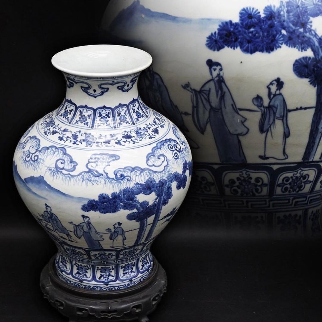 中国美術 中国古玩 台座付染付花瓶 花生 飾壷 唐物 磁器 陶芸 古美術品