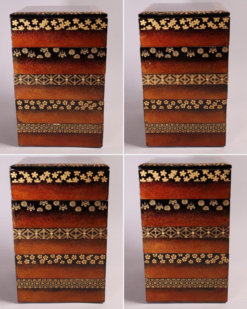 【MB207】時代漆芸 絵変金蒔絵 五段重箱 蓋二枚 小紋 梨地 内朱塗 天然木