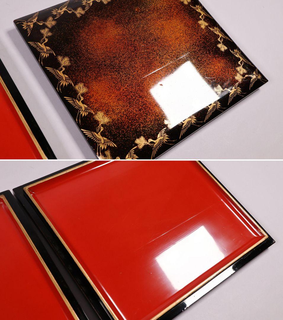 【MB207】時代漆芸 絵変金蒔絵 五段重箱 蓋二枚 小紋 梨地 内朱塗 天然木