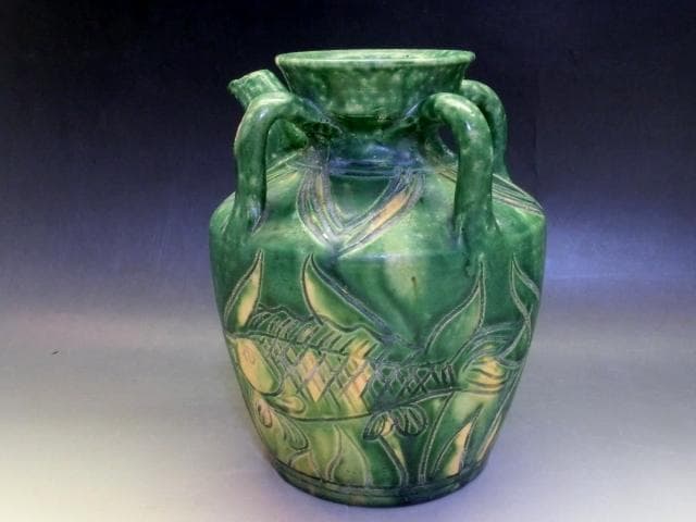 水注■唐物緑釉魚紋耳付箆目水瓶 水差 花瓶 古玩 古陶 中国 時代物 骨董品■