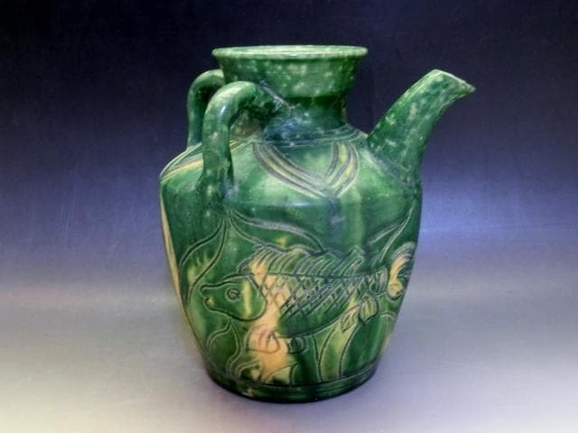 水注■唐物緑釉魚紋耳付箆目水瓶 水差 花瓶 古玩 古陶 中国 時代物 骨董品■