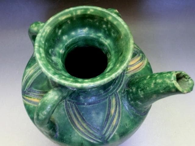 水注■唐物緑釉魚紋耳付箆目水瓶 水差 花瓶 古玩 古陶 中国 時代物 骨董品■