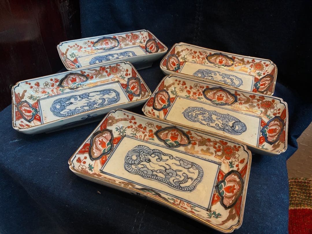 古伊万里　色絵金彩　長皿　5枚　傷無し　幕末〜明治