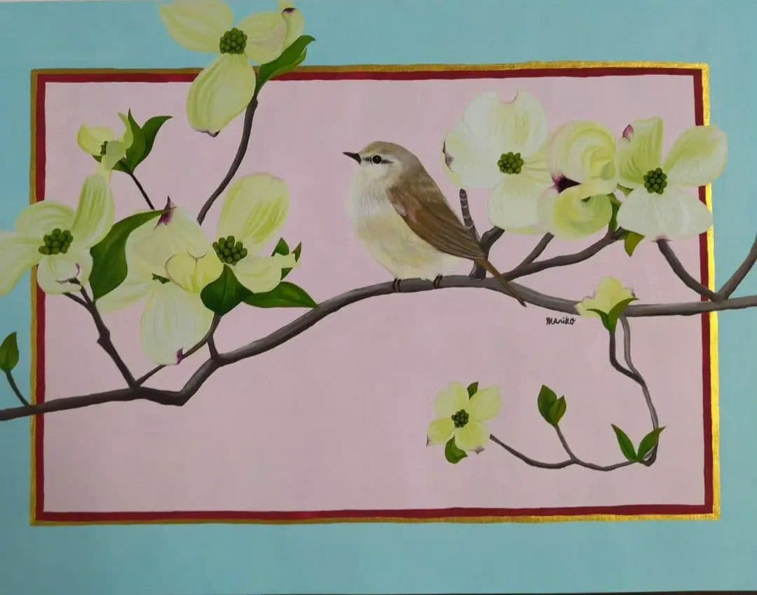 ウグイスとハナミズキ　ガッシュ画