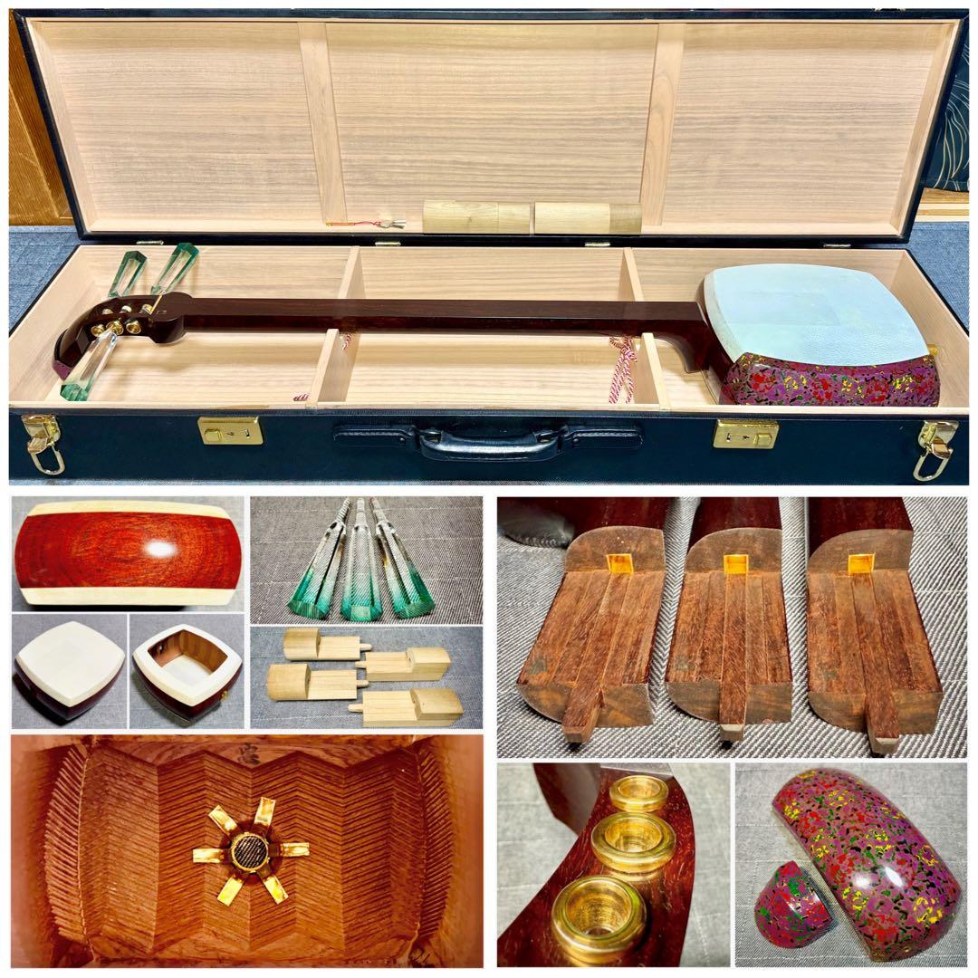 【新春丙午】極上 津軽三味線 金細 綾杉胴 超重量 虎縮杢 超美品 糸巻 太棹