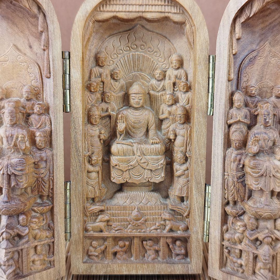 インド老山白檀超精細彫刻 ミニ「国宝緒尊仏籠」《整理番号:BU007》