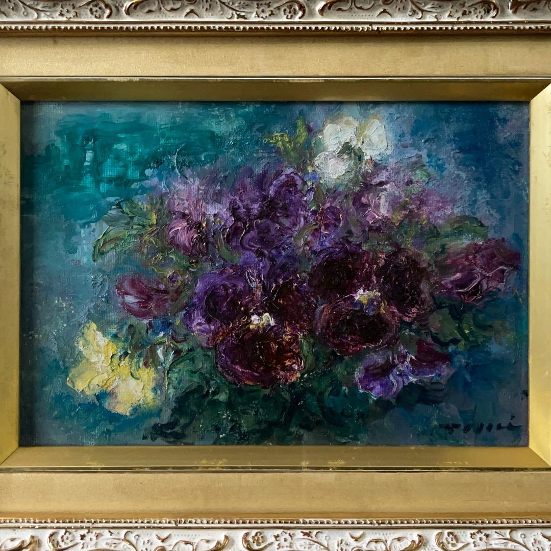 ＊はまち3号＊金登美「すみれ」油絵 サイン入り 中古 額に傷 作品美品