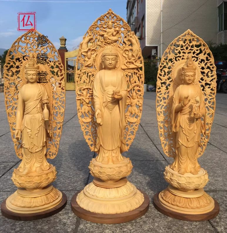 【修縁堂】古美術品 木工細工 西方三聖 仏像立像 置物 木彫 仏像