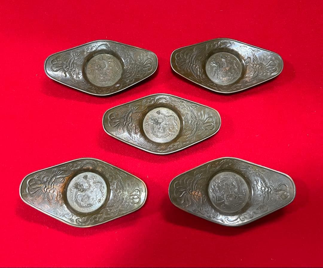 古美術 茶道具 錫製扁舟式 龍鳳紋樣 托子五枚 壱輝作　コレクション