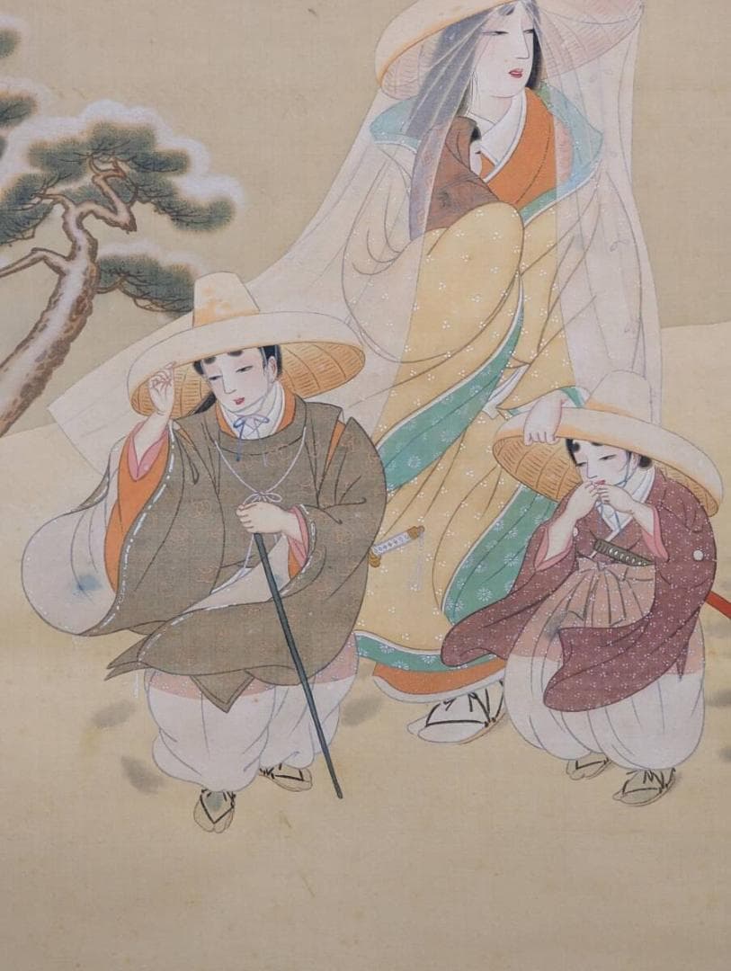 【真作】掛軸　旅路の母子　柔和な筆致の日本画　情緒あふれる人物画　R81